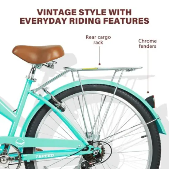 Hykolity 26 Inch Beach Cruiser Bike 7-Speed Commuter Bicycle Outdoor City Bike for Women with Rear Rack High-Carbon Steel Front Rear Fenders & Basket image {4}