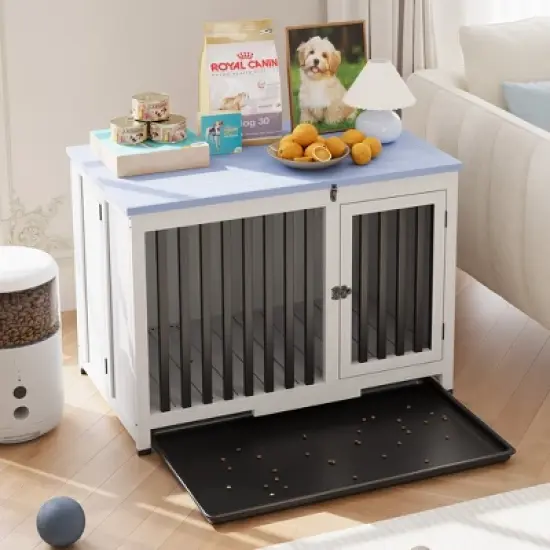 39.5in Furniture Dog Crate, Large/Medium Dog Crate End Table, No Assembly Needed (White and Blue) image {5}