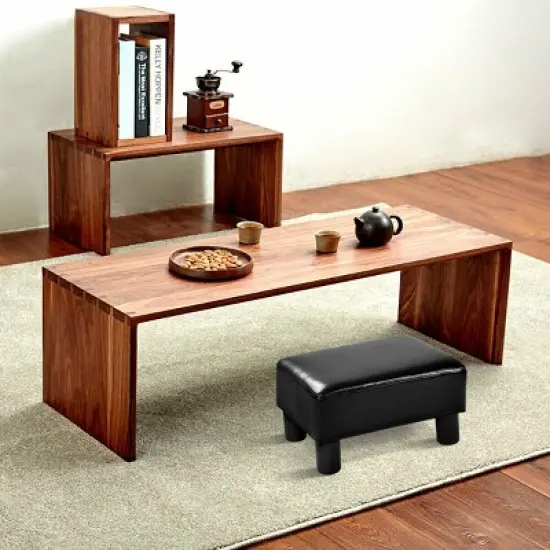 Costway Small Ottoman Footrest PU Leather Footstool Rectangular Seat Stool Black image {4}