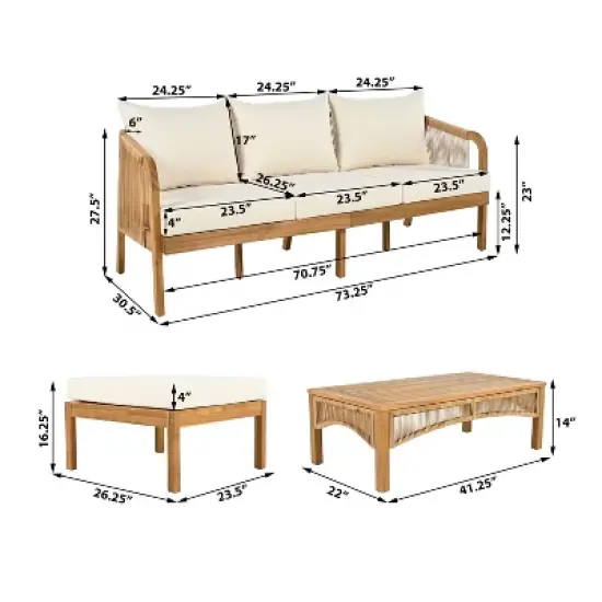 Christopher Knight Home Ignis Boho 5 Piece Patio Acacia Wood Faux Rattan Chat Set with Cushions and Slatted Coffee Table image {2}