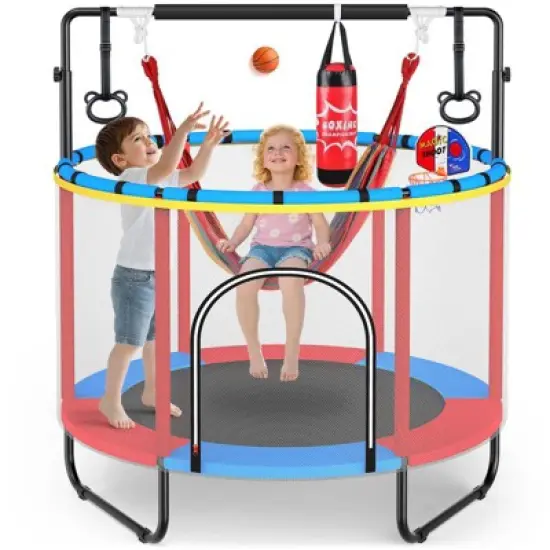60'' Trampoline for Kids with Basketball Hoop & Safety Net, Swing, Rings, Gymnastic Bar, Indoor/Outdoor Toddler Trampoline, Birthday Gifts image {7}