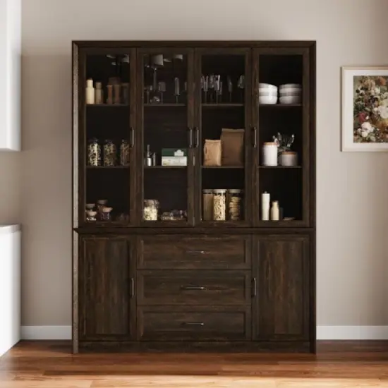 Famapy Glass-Door Kitchen Pantry Cabinet,Kitchen Organizer with 3 Drawers & 13 Shelves,Kitchen Storage Hutch for Organizing Dry Goods,Kitchenware image {10}