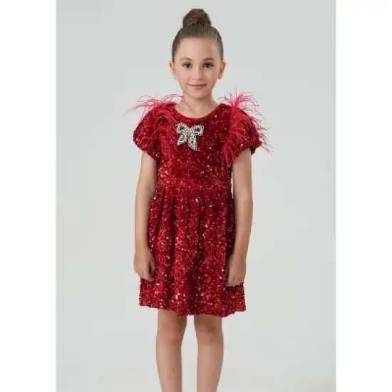2Bunnies Girls' Christmas New Year Holiday Party Sequin Dress Feather Puff Sleeve image {3}