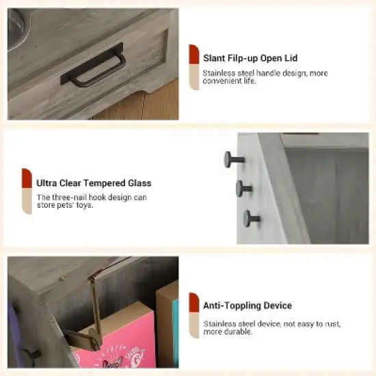 90cm Pet Feeder Station Cabinet, Flip-Top Dog Food Storage with 2 Raised Stainless Steel Bowls, Pet Toy Organizer for Large/Medium/Small Pets image {1}