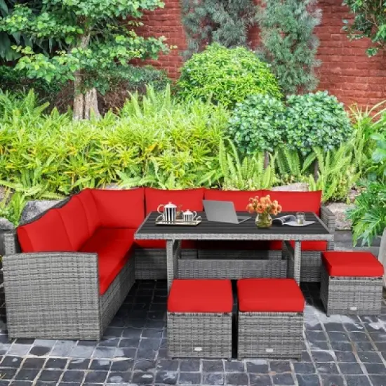 Tangkula 7PCS Rattan Patio Sectional Sofa Set Conversation Set w/ Red Cushions image {2}