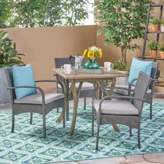 Christopher Knight Home Hartford Outdoor Acacia Wood and Wicker 5 Piece Dining Set with Cushions image {11}