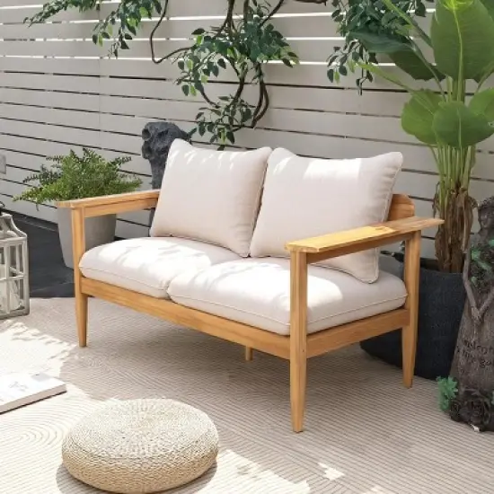 Outdoor Acacia Wood Loveseat,Modern Patio 2-Seater Armrest Sofa with Cushions,Small Space Furniture for Balcony Porch-Koiai image {1}
