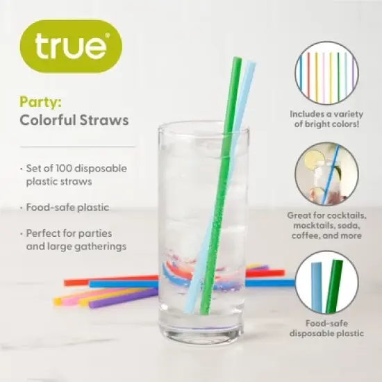 True Colorful Straws, Long Disposable Straws for Cocktails, Smoothies, Iced Coffee, Disposable Party Supplies, Assorted Colors, Set of 100 image {1}