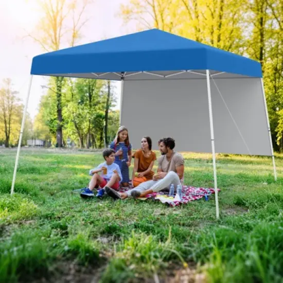 Costway 10 X 10FT Pop up Canopy Tent with 1 Sidewall, Portable Backpack, 4 Stakes Slant Leg Blue/White/Pinl/Gray image {1}