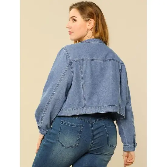 Agnes Orinda Women's Plus Size Long Sleeves Button Down Crew Neck Short Denim Jacket image {4}