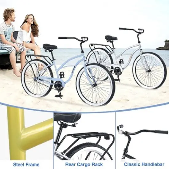 NAYSAYE Bicycle Single Speed 26 Inch Beach Cruiser Bike Steel Frame for Women for Relaxed Rides, Silver and Gray, 69.29"*25.98"*39.37" image {2}