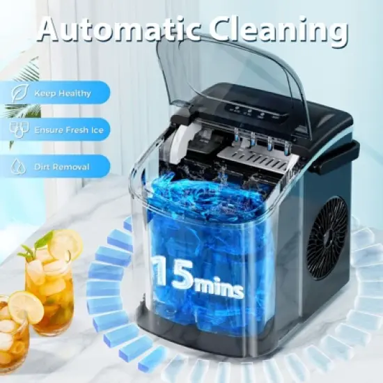 R.W.FLAME Stainless Steel Ice Maker Countertop, Bullet ice, 26.5Lbs/24H, 9 Pcs/6 Mins, with self-cleaning, ice basket, and scoop, with Handle image {3}