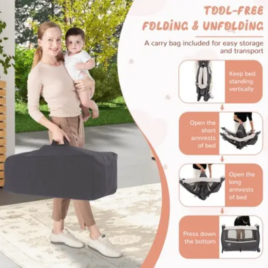 Infans 4 in 1 Portable Pack & Play Foldable Baby Bassinet with Mattress Carrying Bag image {7}