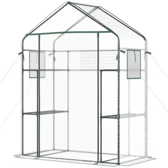 Outsunny 56" x 29" x 77" Walk-in Greenhouse Kit, Portable Green House with 3 Tier Shleves, Roll-Up Door, PE Cover for Backyard Garden image {3}