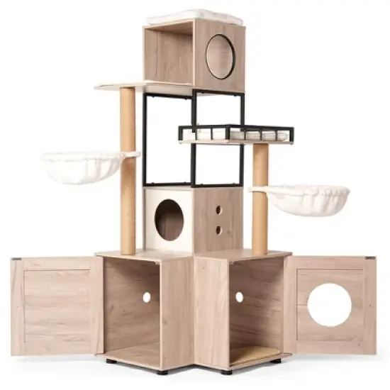 Whisen Cat Tree & Cat Bed with Litter Box Enclosure, Scratching Post, Cat Teaser Ball, Anti-Slip Mat - White+Gray image {7}