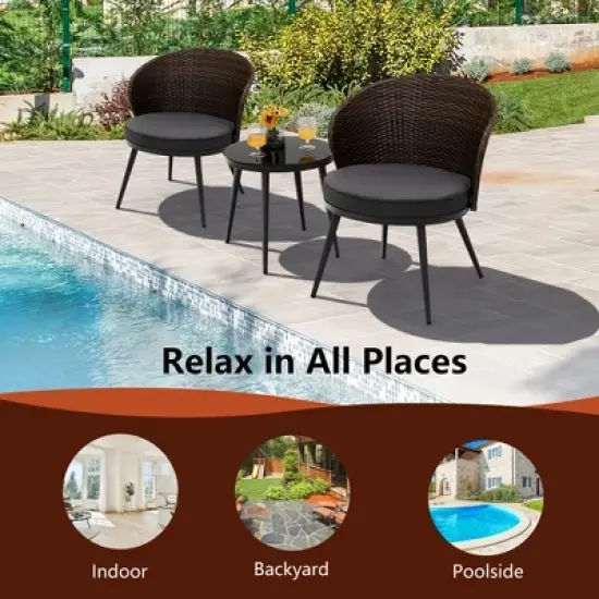 Costway 3PCS Patio Rattan Bistro Furniture Set Cushioned Chair Table Garden image {7}