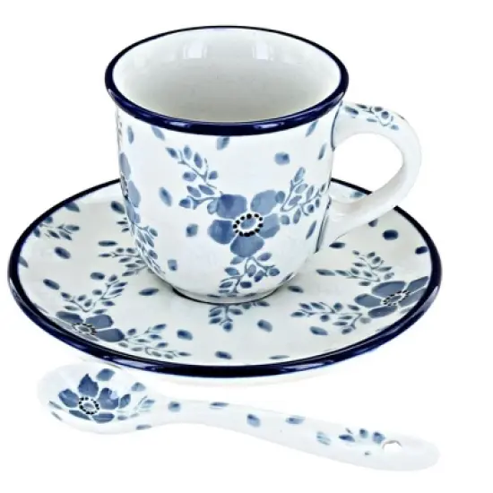 Blue Rose Polish Pottery B10-A93 Ceramika Artystyczna Espresso Cup & Saucer with Spoon image {3}