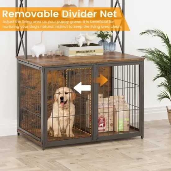 42.5 Inch Dog Crate with Storage Shelves, Large Wooden Dog Kennel End Table with Flip Top, Movable Divider, 3 Doors, Indoor Dog Cage image {3}