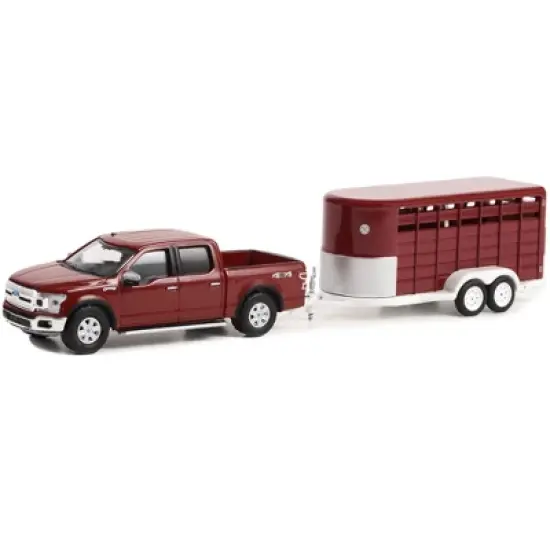 2019 Ford F-150 XLT Pickup Truck Red and Livestock Trailer "Hitch & Tow" Series 27 1/64 Diecast Model Car by Greenlight image {1}