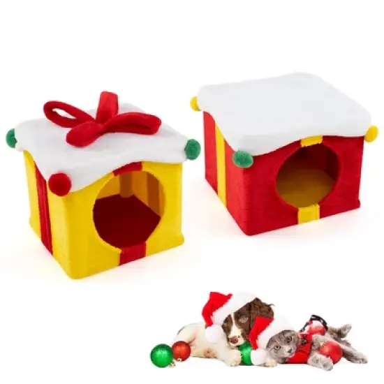 Tangkula 2-Storey Cute Christmas Cat House w/ Bow 2 Condos Indoor Cat Furniture Modern image {9}