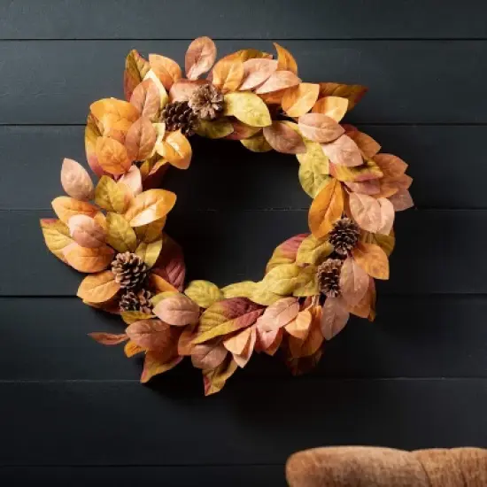 24"H Sullivans Fall Leaf Wreath For Front Door, Orange image {2}