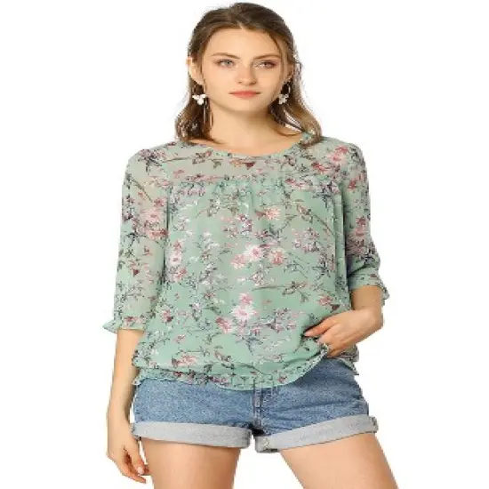 Allegra K Women's Casual Round Neck Ruffle 3/4 Sleeve Floral Print Chiffon Blouse image {9}