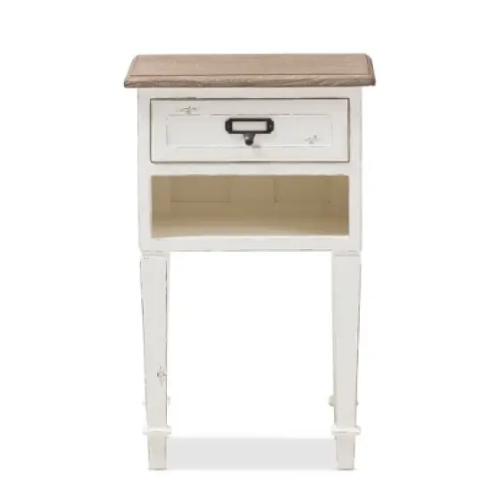 Dauphine 1 Drawer Provincial Style Oak and Distressed Finish Wood Nightstand White - Baxton Studio image {2}