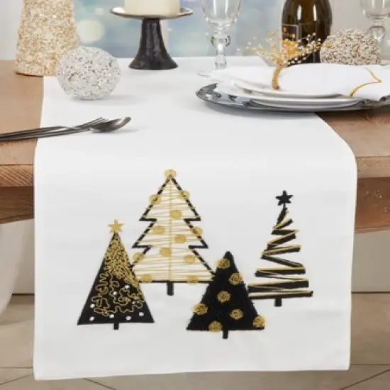 Saro Lifestyle Whimsical Christmas Trees Table Runner, 16"x70", White image {2}
