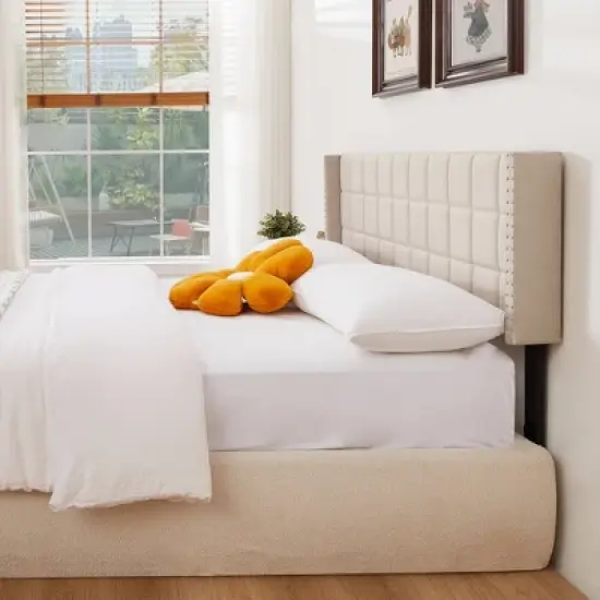 Linen Upholstered Headboard, Tufted Nailhead & Double Wingback, 6 Adjustable Position image {5}