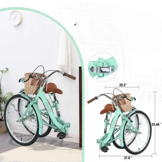 DSVIMOY 26 Inch Folding Lady Bike, Single Speed, Compact Design for Easy Storage and Commuting, Green, 66.93"*25.2"*40.95" image {3}