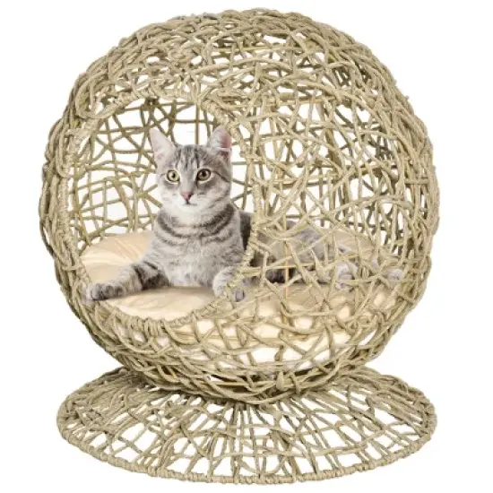 PawHut Rattan Elevated Cat Bed Kitty Condo with Comfortable Soft Cushion, Wicker Construction and Round Base, Brown image {3}