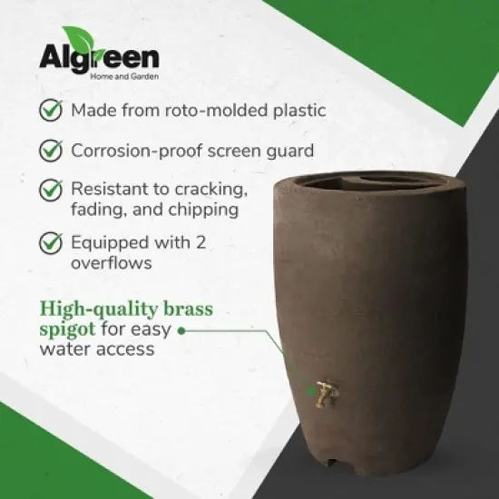 Algreen Athena 50 Gallon Plastic Outdoor Rain Barrel with Brass Spigot and Screen Guard for Rain Water Collection and Storage, Brownstone image {4}