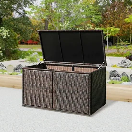 WELLFOR 88gal Outdoor Patio Garden Rattan Storage Box Brown image {1}