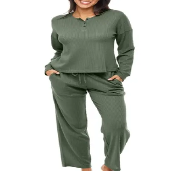 Women's Soft Ribbed Waffle Rib Knit Henley Pajamas Lounge Set, Lounge Sleeve Top and Pants with Pockets, Drawstring image {12}