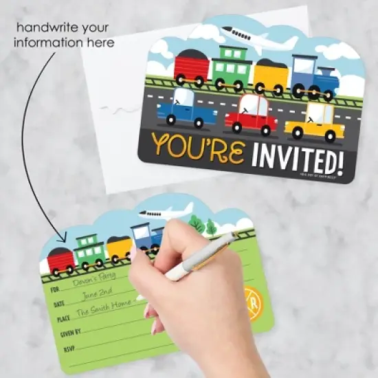 Big Dot of Happiness Cars, Trains, and Airplanes - Shaped Fill-In Invitations - Transportation Birthday Party Invitation Cards with Envelopes - 12 Ct image {1}