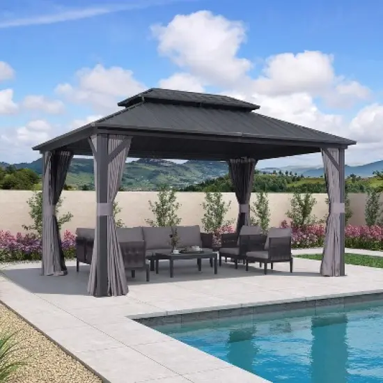 PURPLE LEAF Permanent Hardtop Gazebo Aluminum Frame Gazebo with Galvanized Steel Double Roof, UV-Resistant, Netting & Curtains included - Grey image {13}