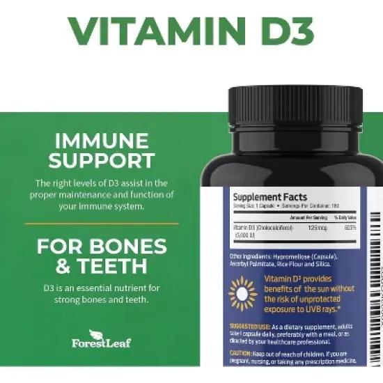 Forest Leaf Vitamin D3 5,000 IU - Bone Health and Immune Support, Small Easy-to-Swallow Capsules Vitamin D Supplements for Women and Men, 180 Caps image {2}