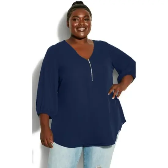 Women's Plus Size Meila Zip Plain Top - Navy |  AVENUE image {5}