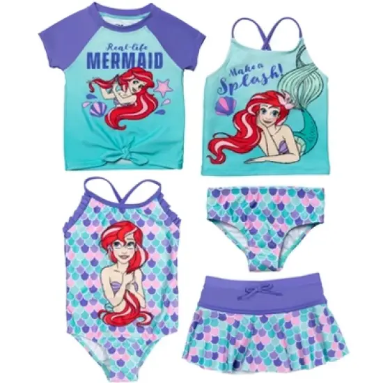 Disney Princess Ariel Girls One-Piece Swimsuit Rash Guard Tankini Top Modest Skirt and Bottom 5 Piece Set Little Kid to Big Kid image {10}