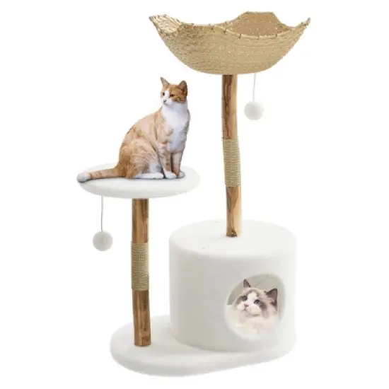 CuisinSmart 43" Modern Natural Wood Cat Tree for Cats Aesthetic Cat Tower with Large Basket, Scratching Posts and Real Branch Design image {8}