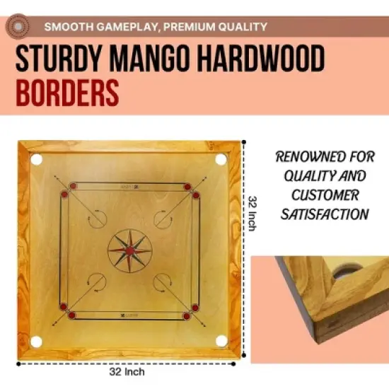 Amber Sports Carrom Board 32x32" &ndash; Mango wood frame, sealed pockets, smooth surface, striker, coins & Bori powder. Water-resistant matte finish. image {3}