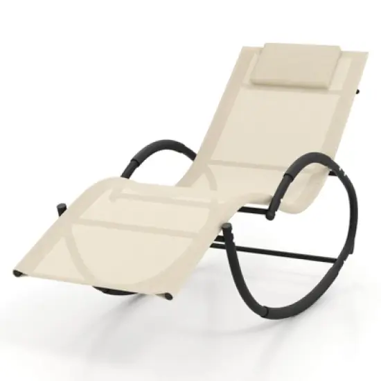 Costway 1/2 PCS Outdoor Rocking Lounge Chair with Removable Headrest Breathable Backrest & Seat Beige image {9}