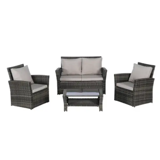 FIONECA 4-Piece Outdoor Patio Rattan Wicker Furniture Set with Tempered Glass Coffee Table, Garden, Poolside, Lawn Chairs image {5}