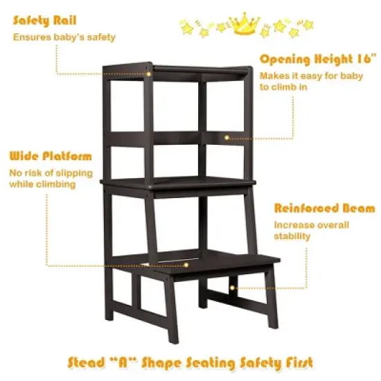 Costway Kids Kitchen Step Stool Wooden Toddler Stand Helper w/ Safety Rail Gray\Brown image {9}