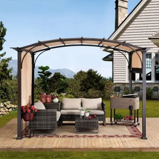 Sunjoy 9 x 11 Foot Arched Pergola Cover Outdoor Roof Shaded Canopy Tent with Steel Frame for Backyard Patios, Decks, and Gardens, Brown and Black image {2}