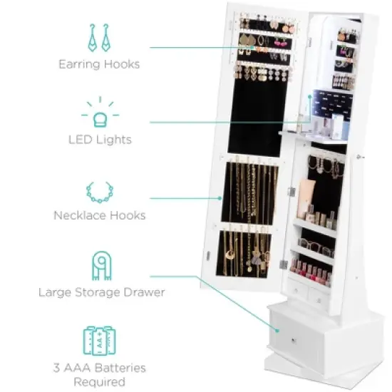 Best Choice Products 360 Swivel Standing Mirrored Jewelry Cabinet, LED-Lit Makeup Organizer w/ Mirror - White image {4}