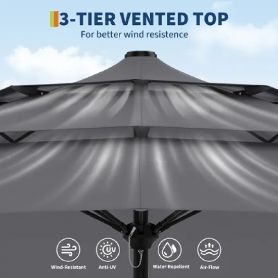 Outdoor 3 Tier Vented Large Market Table Umbrella, 9FT Patio 3 Tier Umbrella Canopy, Heavy Duty Patio Umbrellas 3 Tiers, 8 Ribs, Hand Crank image {5}