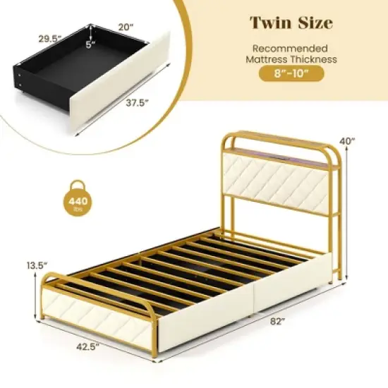 Costway Twin/Full/Queen Size Bed Frame with LED Lights & Charging Station Storage Headboard & Drawers Golden image {2}
