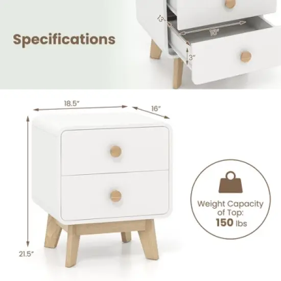 Costway 1/2 PCS Nightstand Mid Century Modern Bedside Table with 2 Drawers Solid Rubber Wood Legs White image {2}