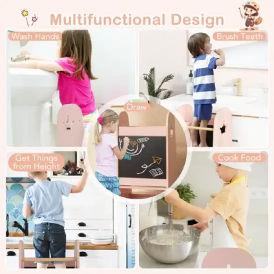 Costway Multi-purpose Kids Kitchen Tower Children Standing Tower Kids Stool Helper White/Pink image {6}